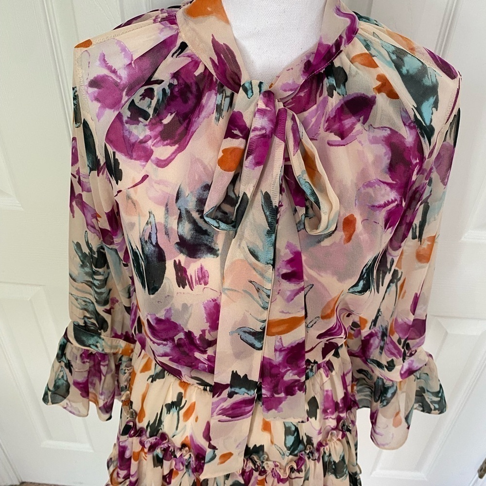 Misa- Multicolored Large Floral Longsleeve Mini Ruffle Dress with Neck Tie - Picture 6 of 10
